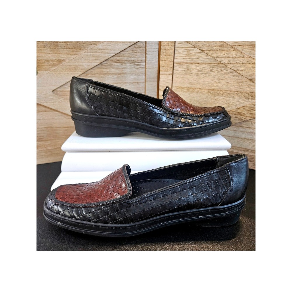Trotters Basket Weave Loafers Wmn 8.5 Black Brown Hope SlipOn Leather Shoes #700